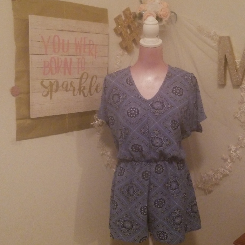 Blue Handkerchief Cold Shoulder Romper - Picture 1 of 7